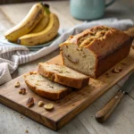 banana bread 2 bananas freshly baked on cutting board