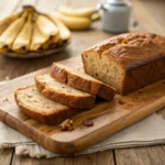 Freshly baked 3 ingredient banana bread sliced on a board
