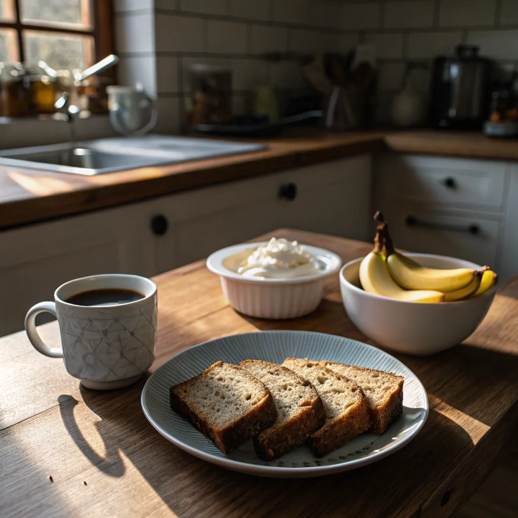 3 ingredient banana bread with coffee and yogurt breakfast