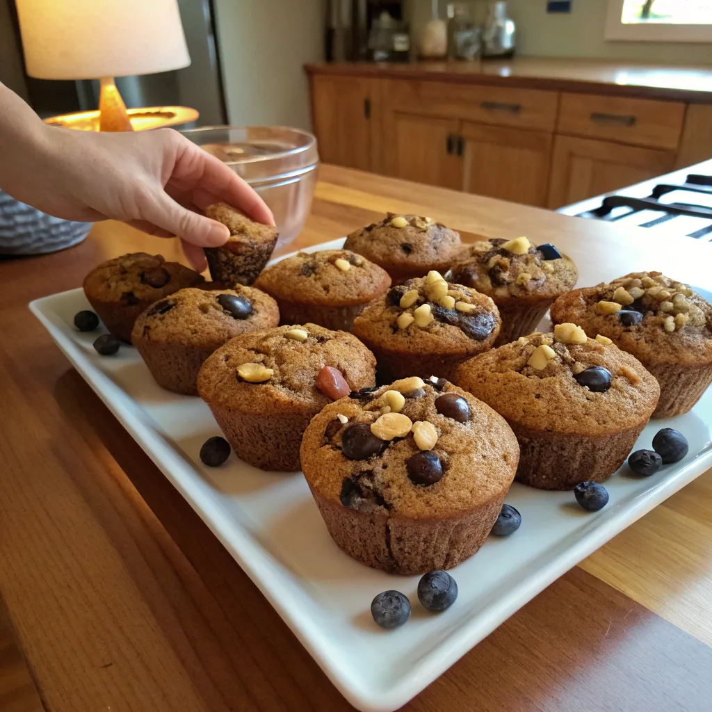 banana muffins with chocolate chips and berries