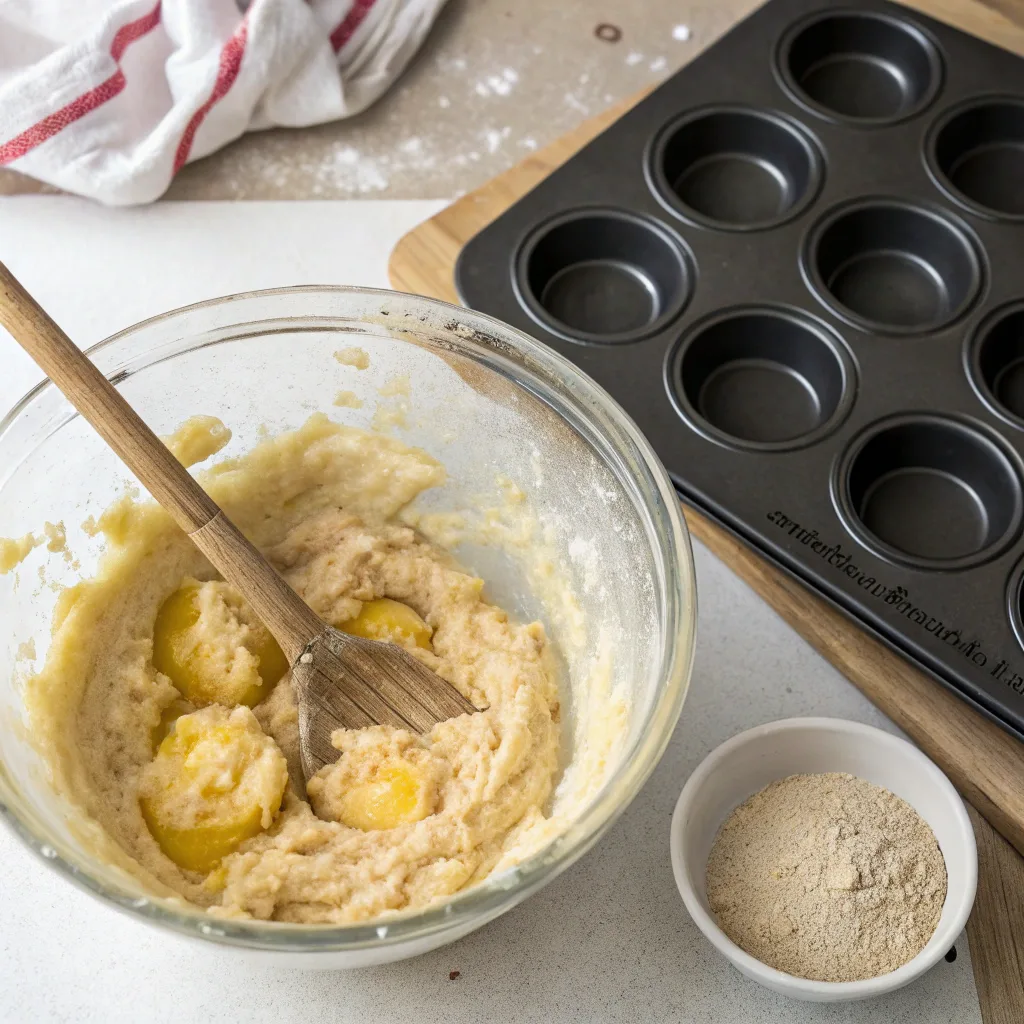 mixing 4 ingredient banana muffin batter in bowl
