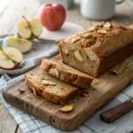 Moist banana apple bread sliced on a wooden board