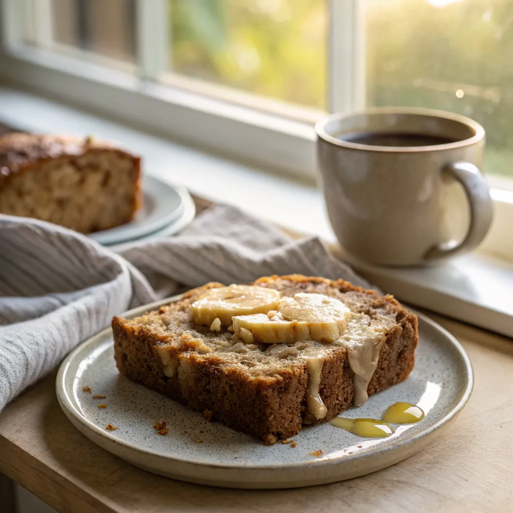 Warm slice of banana apple bread with butter served on a plate