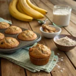 Freshly baked banana bread healthy muffins on table
