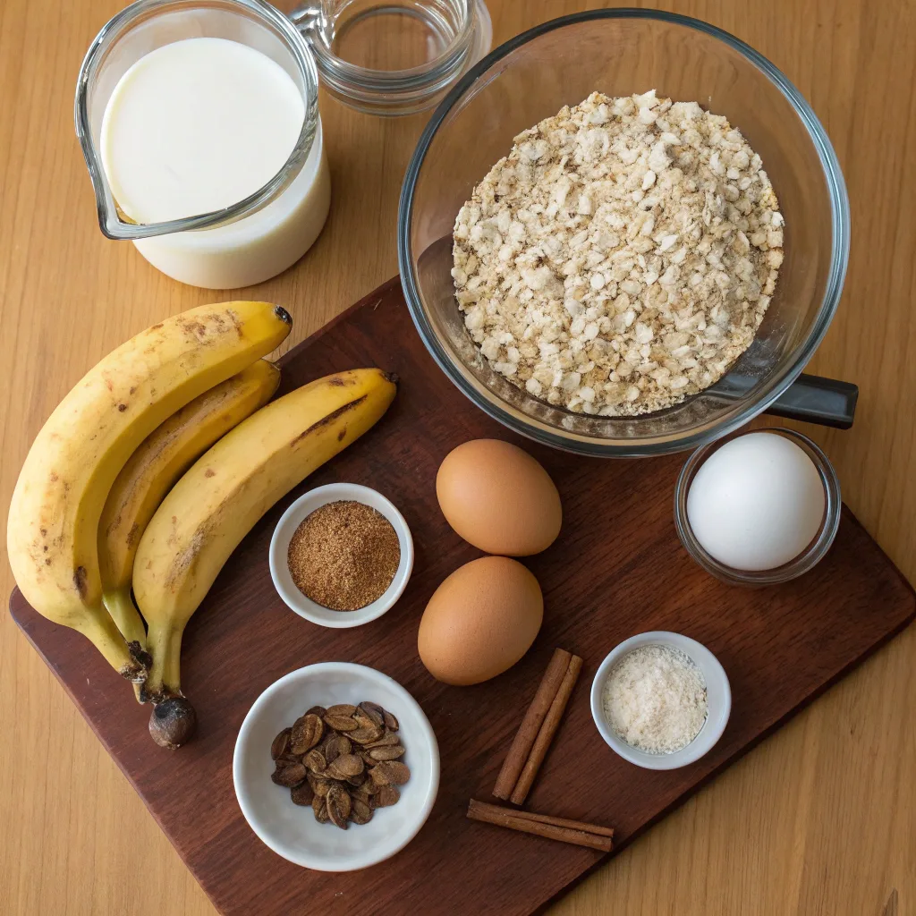 Ingredients for banana oatmeal muffins on a wooden counter