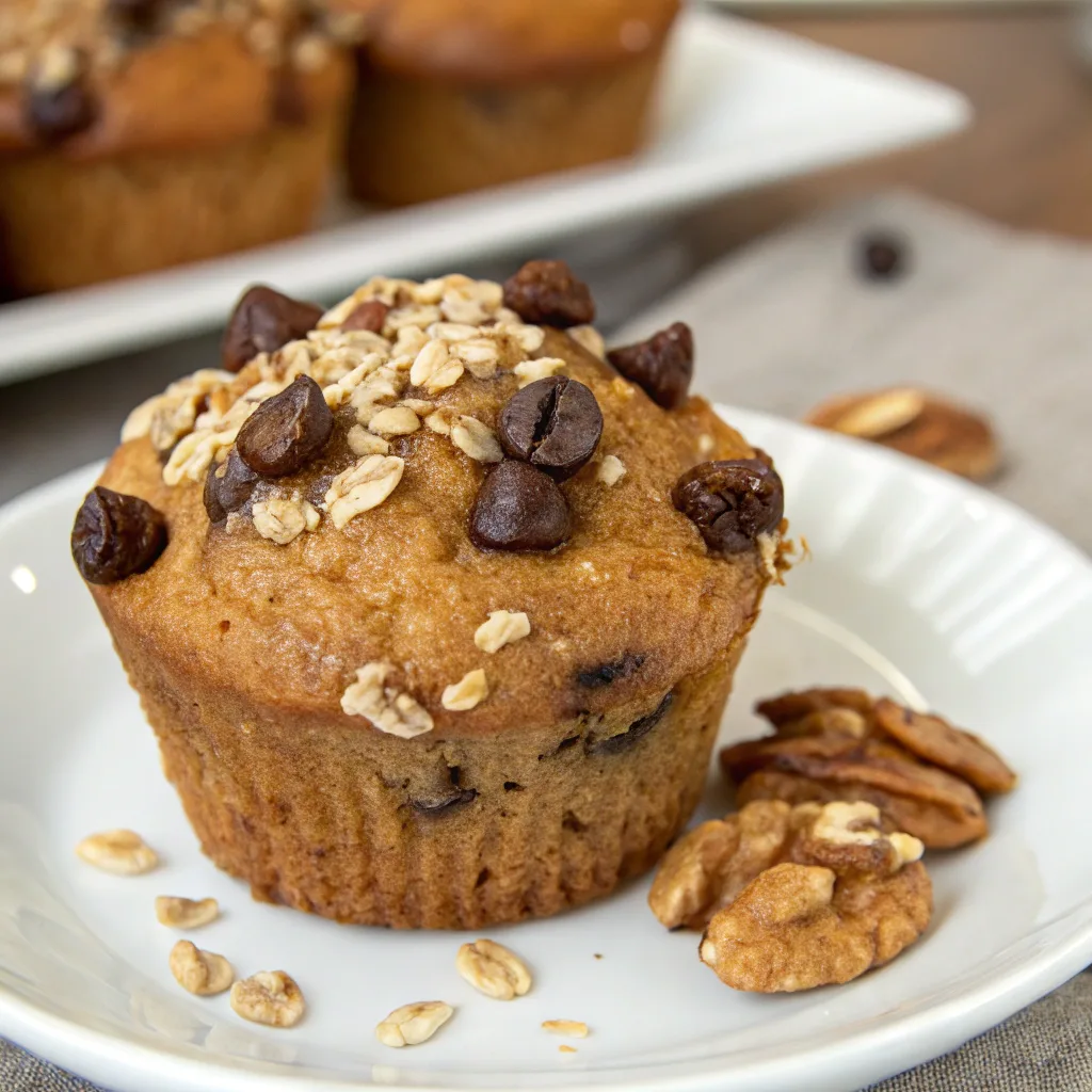 Banana oatmeal muffin with chocolate chips and walnuts