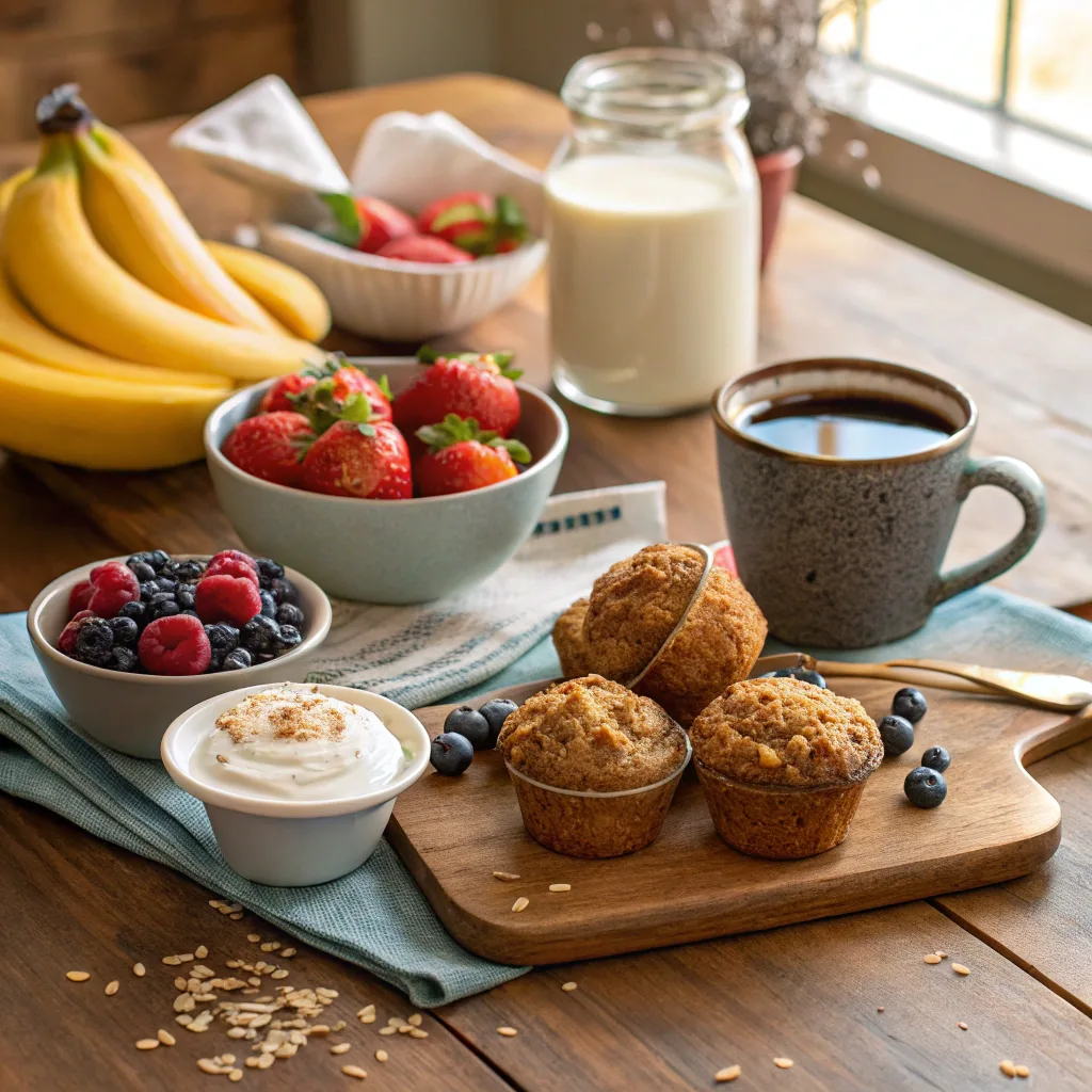 Banana oatmeal muffins served with fruit and coffee