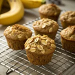 Freshly baked banana oatmeal muffins on a cooling rack