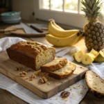 Sliced banana pineapple bread on rustic board with fruit