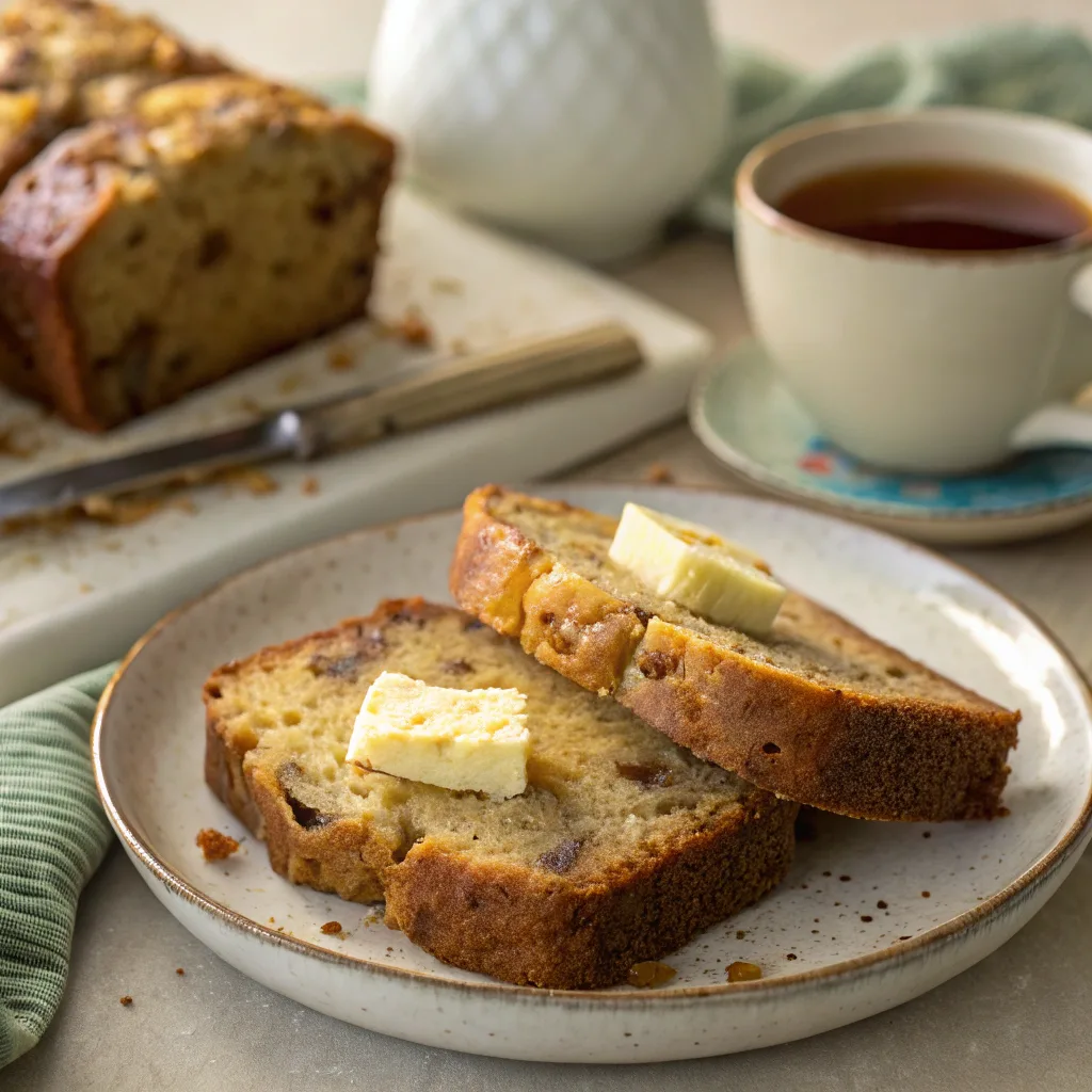 Slices of banana pineapple bread served with butter