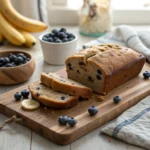 Sliced blueberry banana bread loaf on wooden board