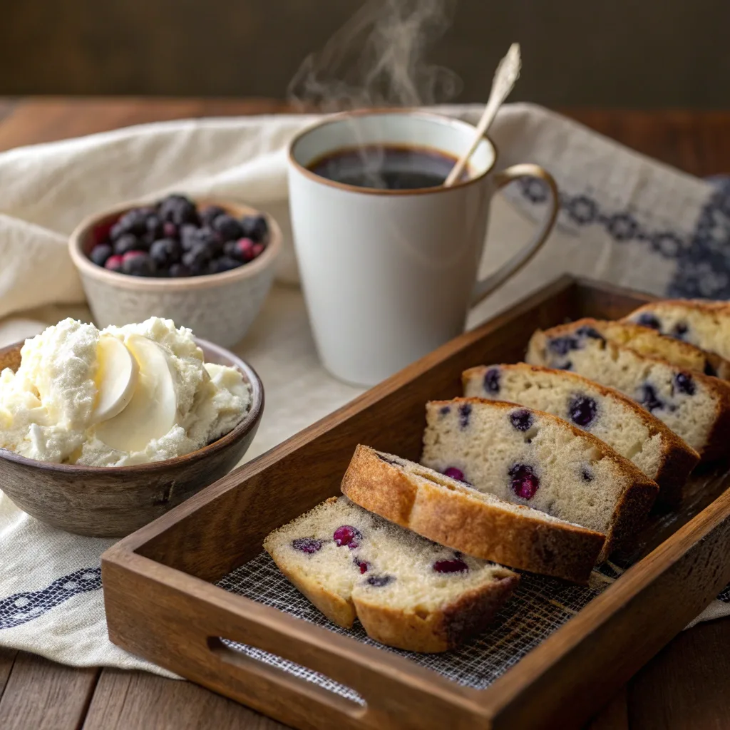 Blueberry banana bread served with coffee and toppings
