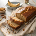 Close-up of moist brown sugar banana bread on cooling rack