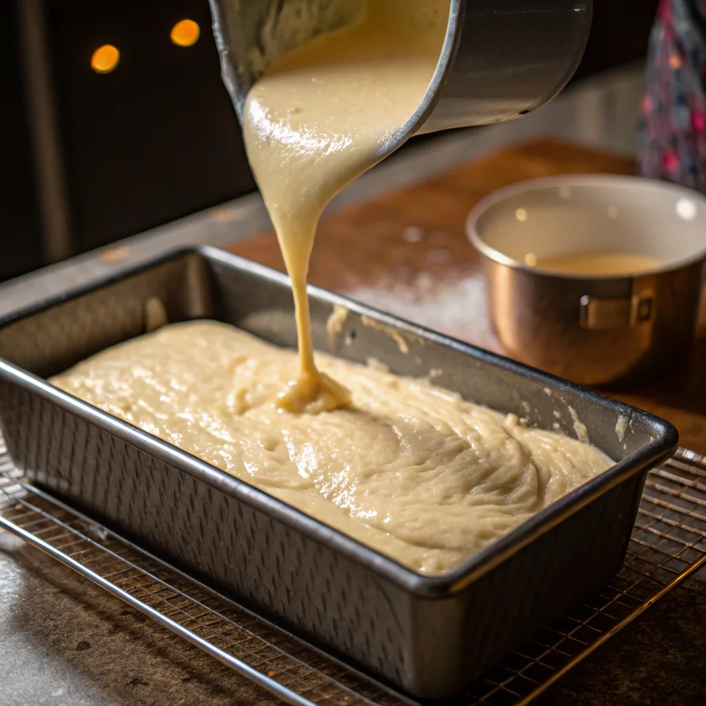 pouring flourless banana bread batter into loaf pan