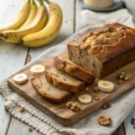 flourless banana bread loaf sliced on wooden board