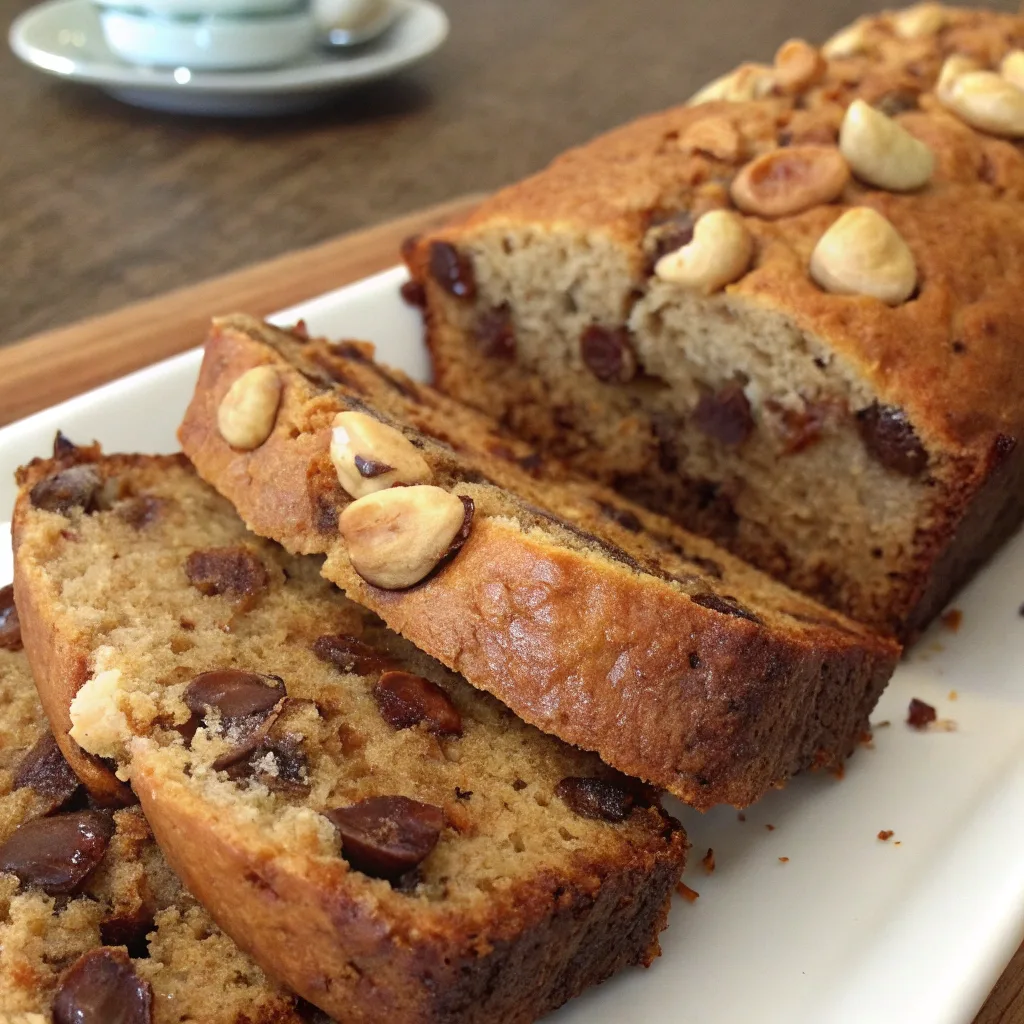 Sliced Hawaiian banana bread with chocolate chips and nuts