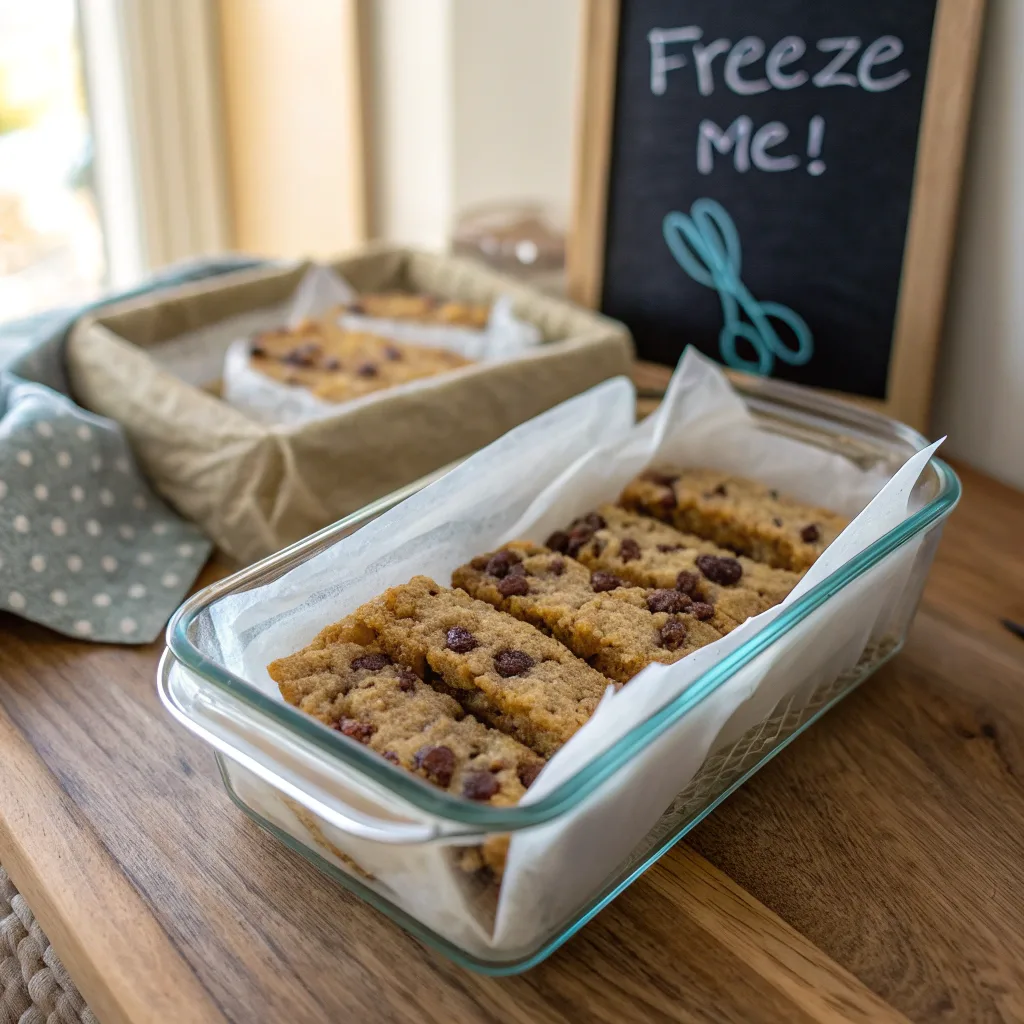 Storing banana chocolate chip bars in a container for freezing