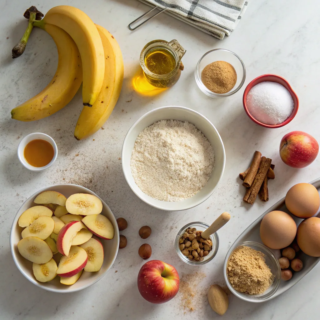 Ingredients for banana apple bread recipe on kitchen counter