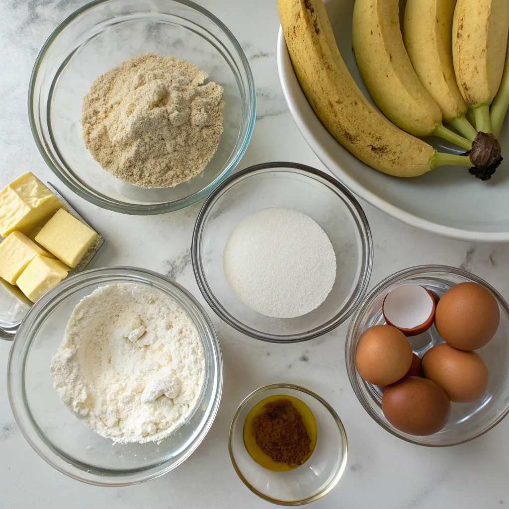 ingredients for banana bread with 2 bananas in bowls