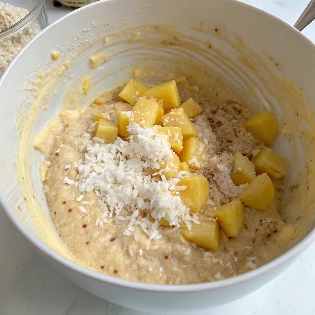 Hawaiian banana bread batter with pineapple and coconut