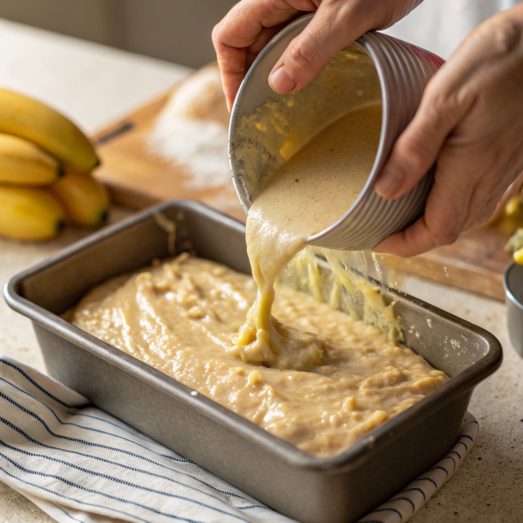 pouring batter for no sugar added banana bread