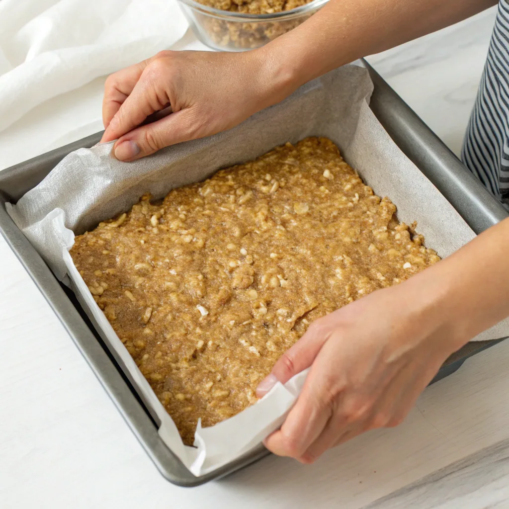  Pressing peanut butter banana oatmeal bar mixture into pan