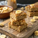 For a vegan version, use maple syrup and vegan chocolate chips. Use certified gluten-free oats for a gluten-free adaptation. These bars can also be made no-bake by chilling them in the fridge for 2–3 hours instead of baking. Want firmer bars? Chill in the fridge before slicing for clean, compact edges. Close-up of peanut butter banana oatmeal bars stacked on board