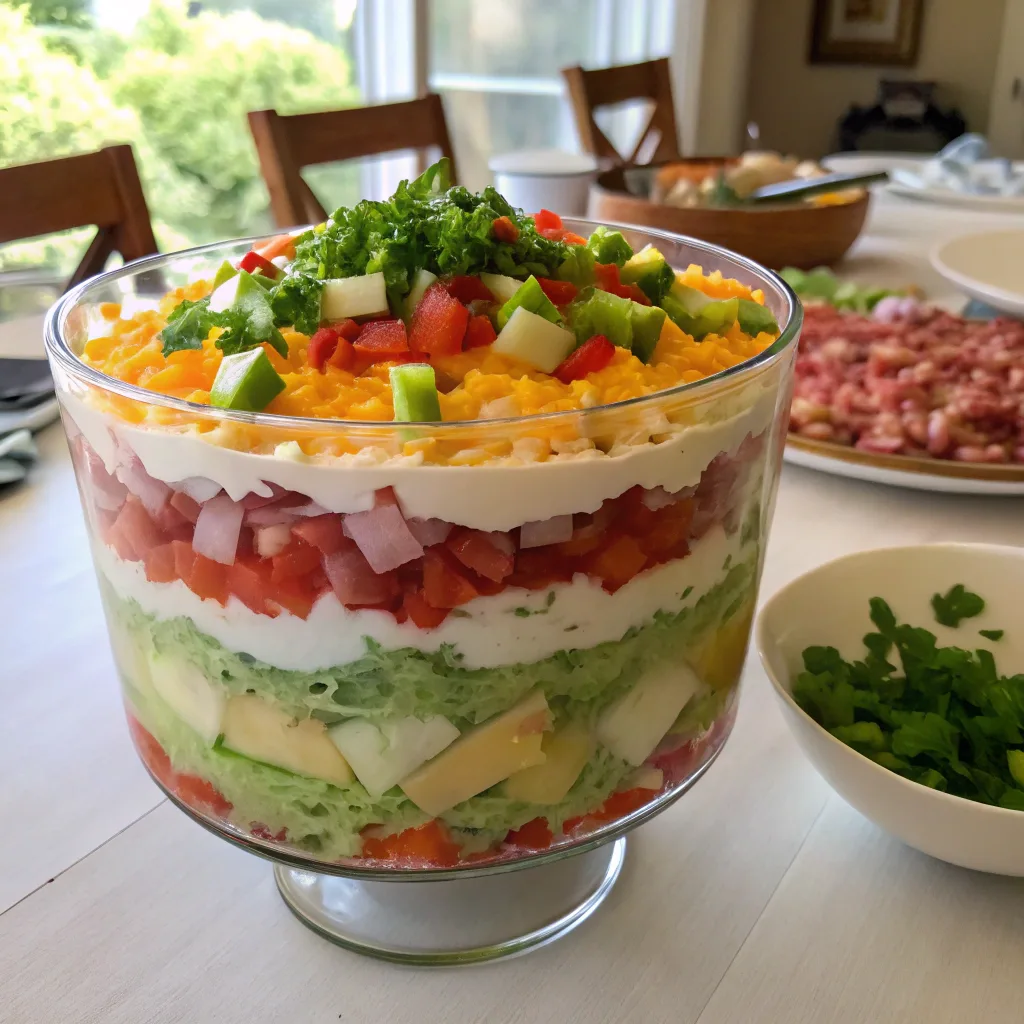 Classic seven layer salad with fresh layers of lettuce, peas, eggs, bacon, and cheese