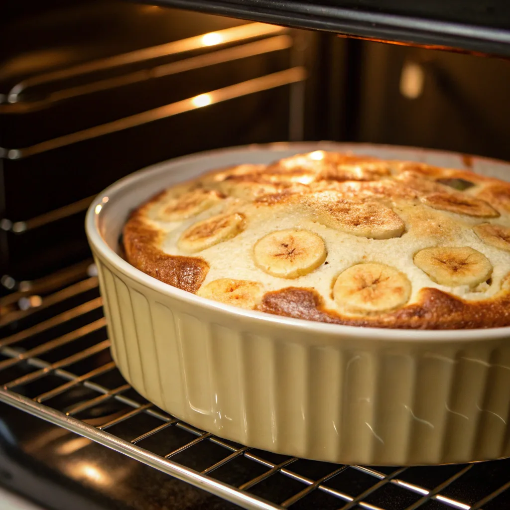 banana pudding cake baking in oven