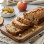 Moist banana apple bread sliced on a wooden board