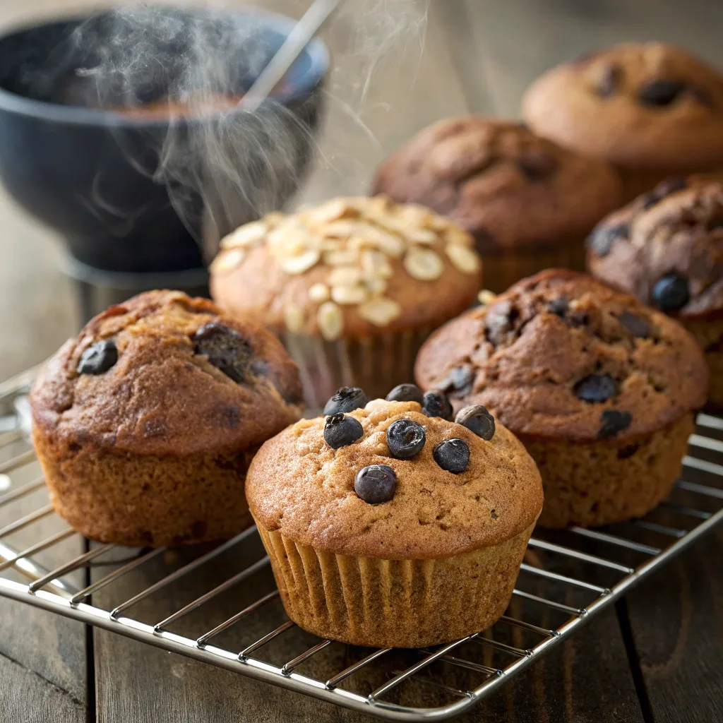 Variety of banana bread healthy muffins cooling