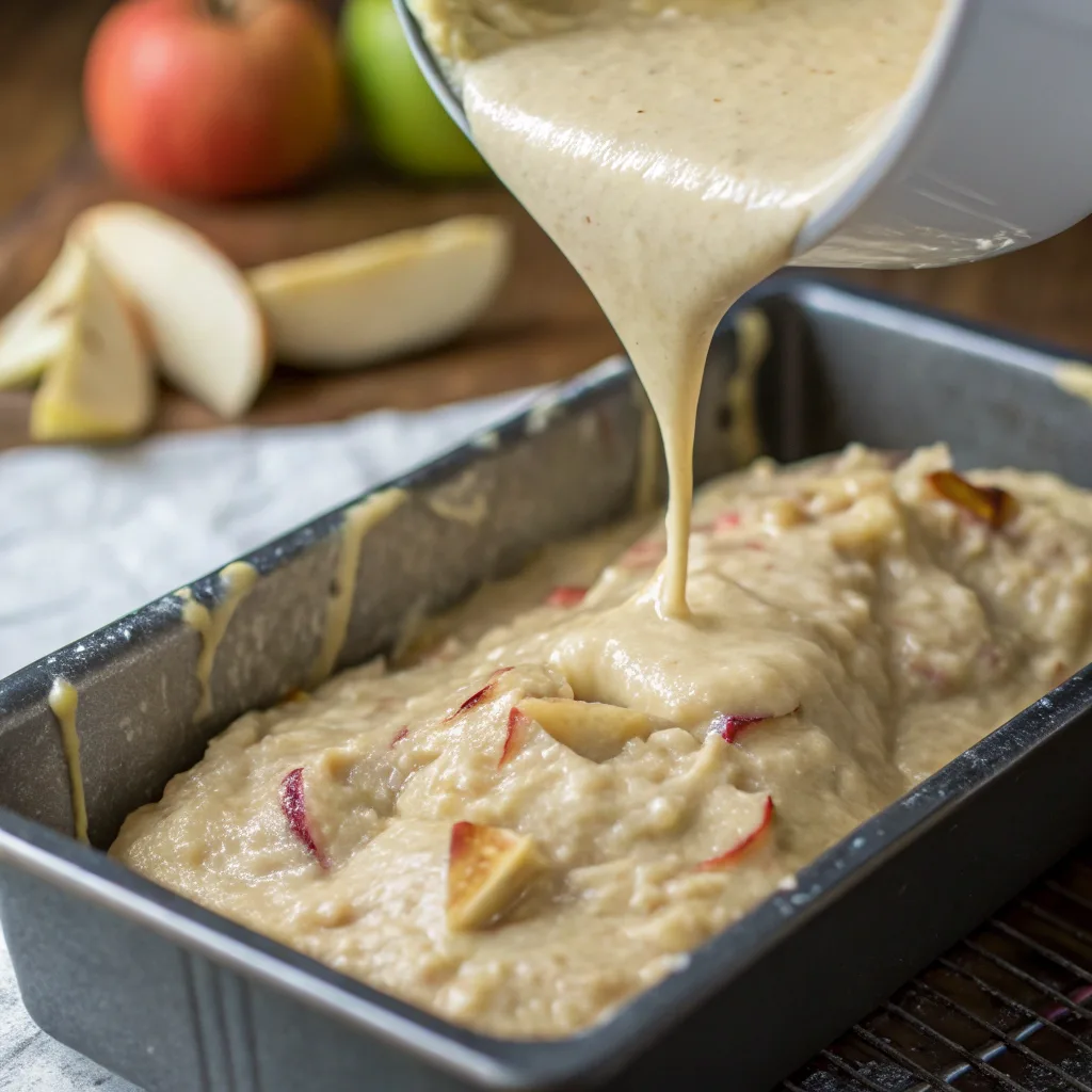 Banana apple bread batter being poured into a loaf pan