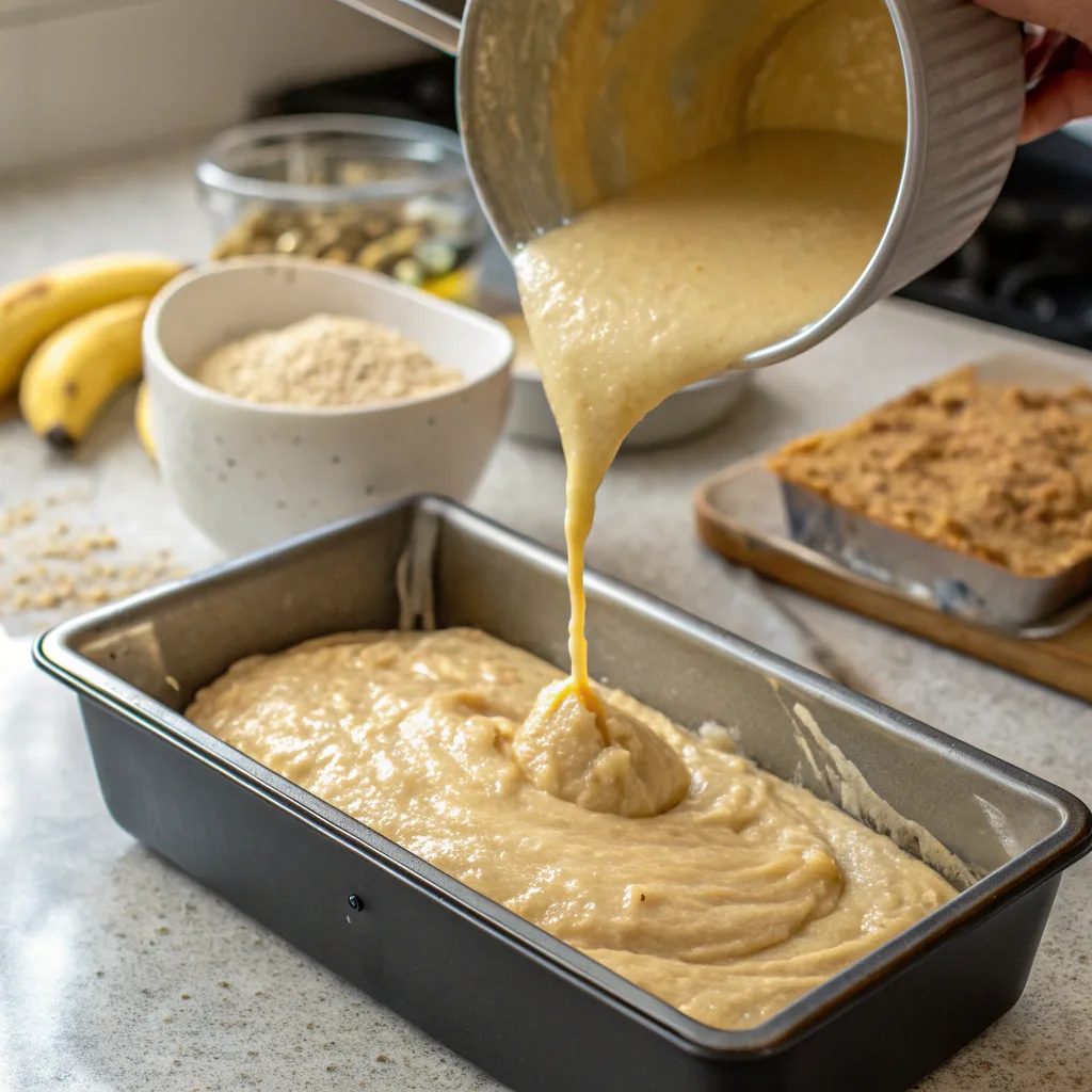 pouring banana bread 2 bananas batter into loaf pan