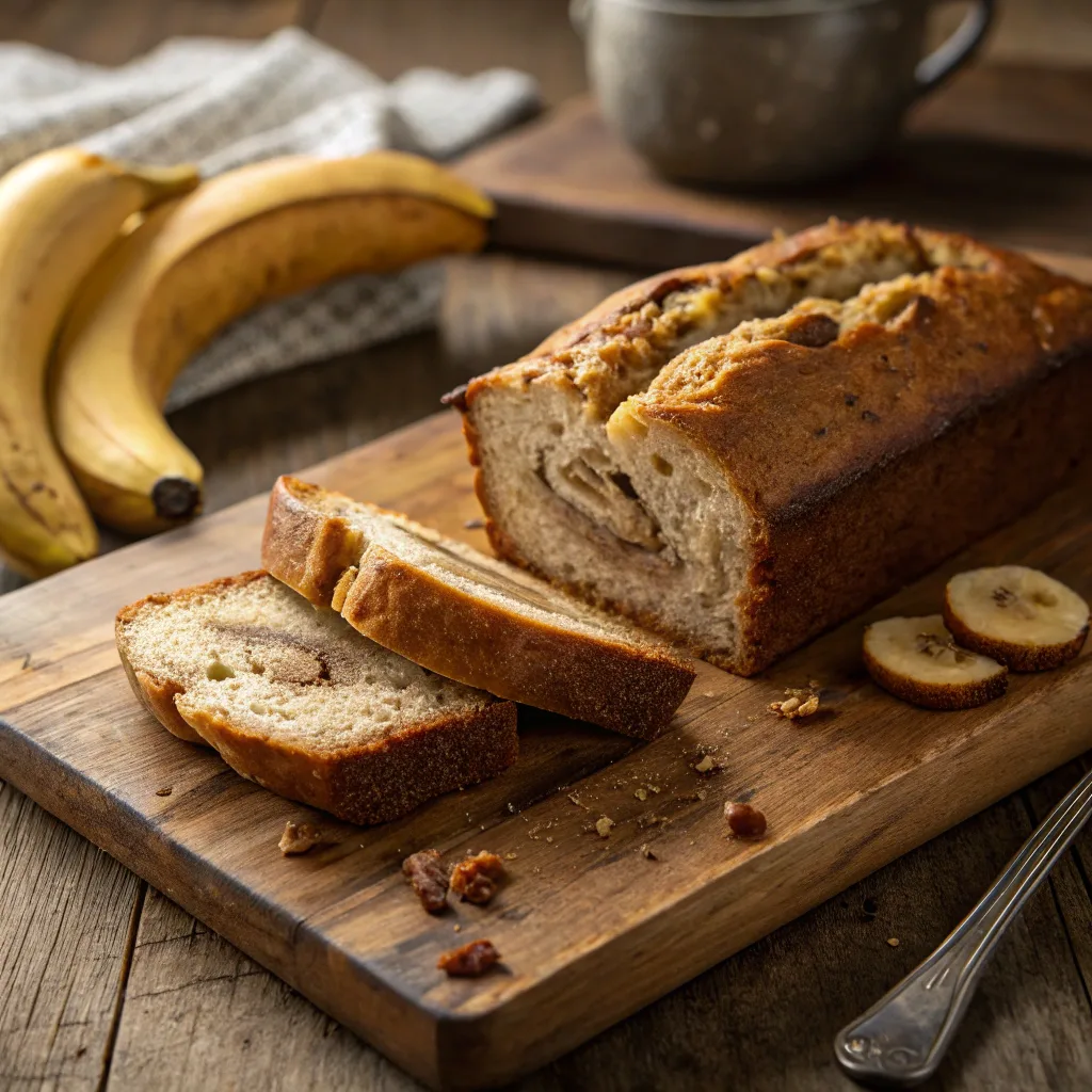 banana bread 2 bananas freshly baked on cutting board