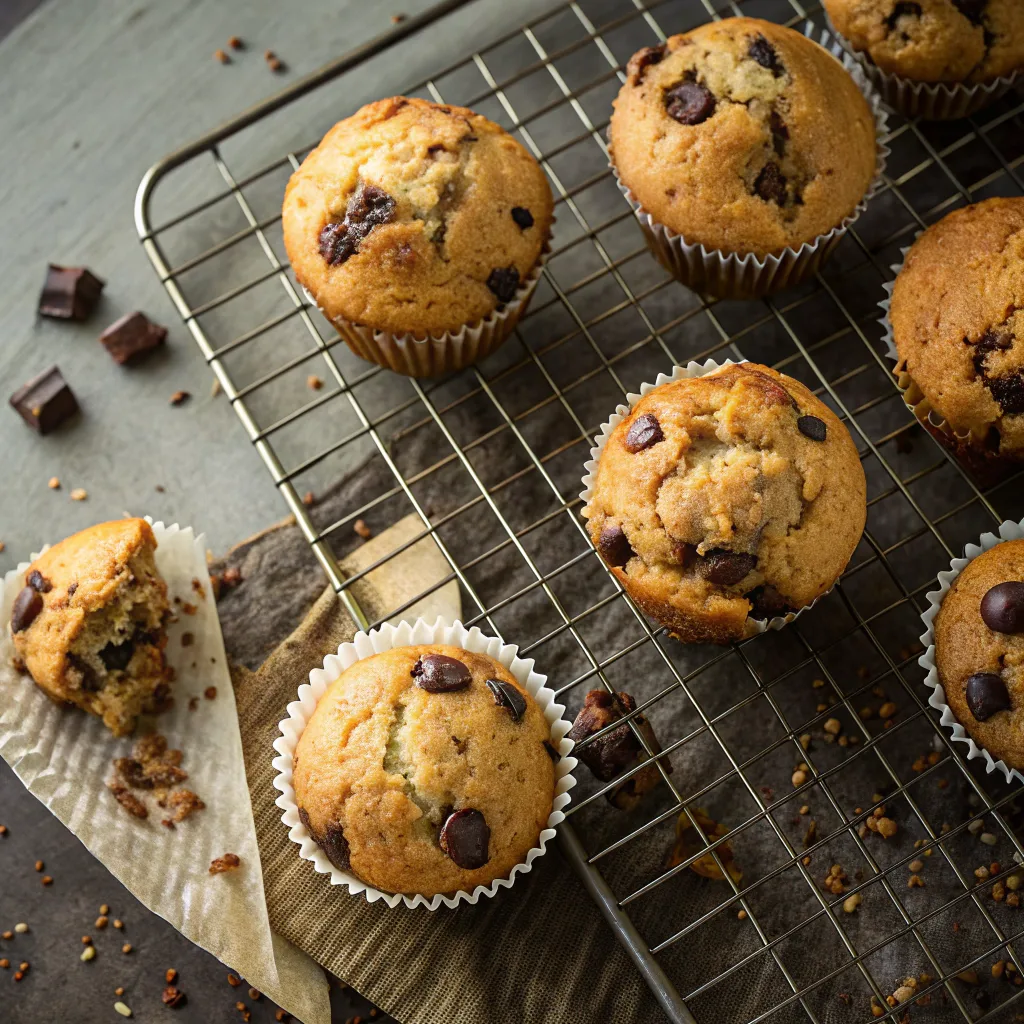 banana bread chocolate chip muffins cooling on a rack