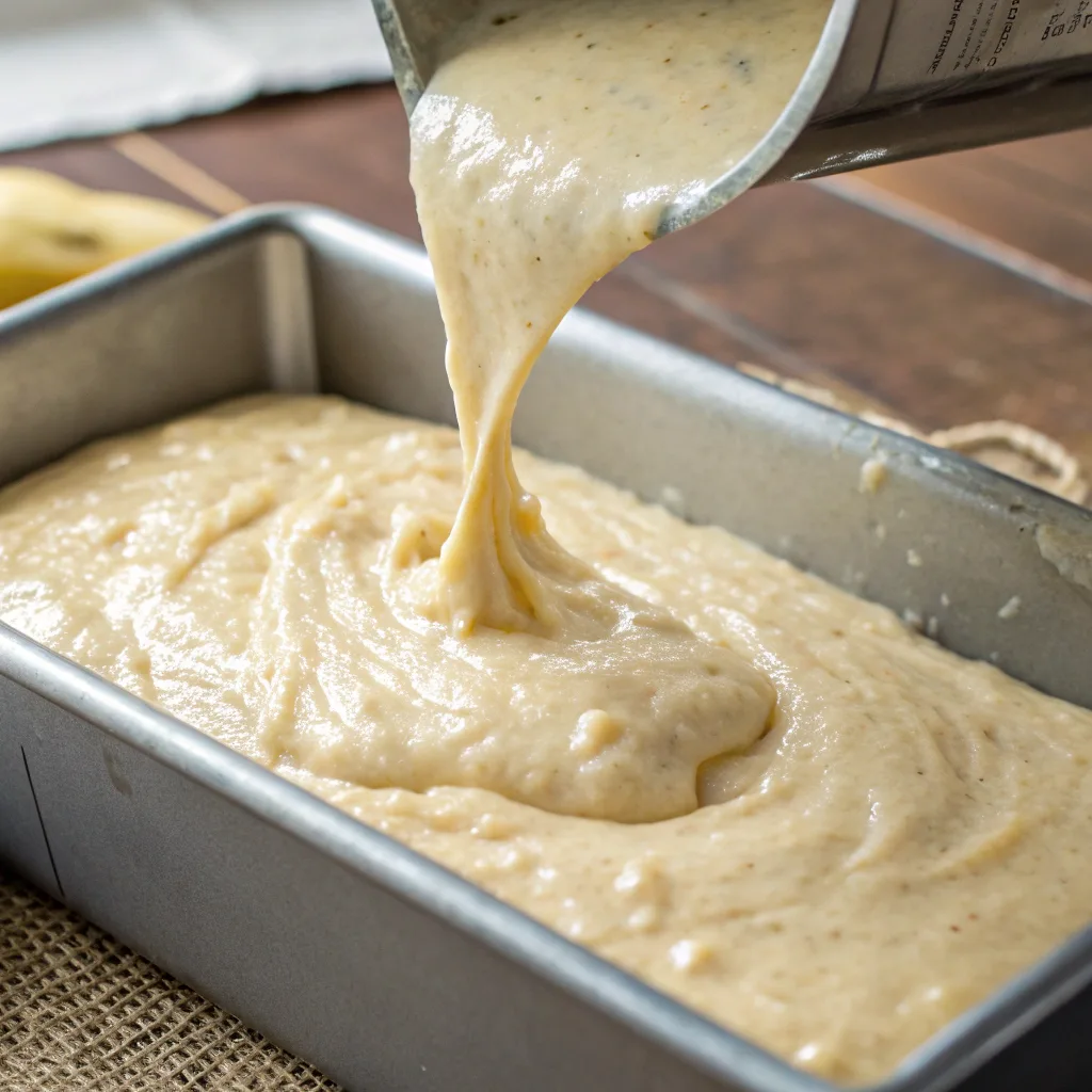 Pouring batter for banana bread recipe no eggs