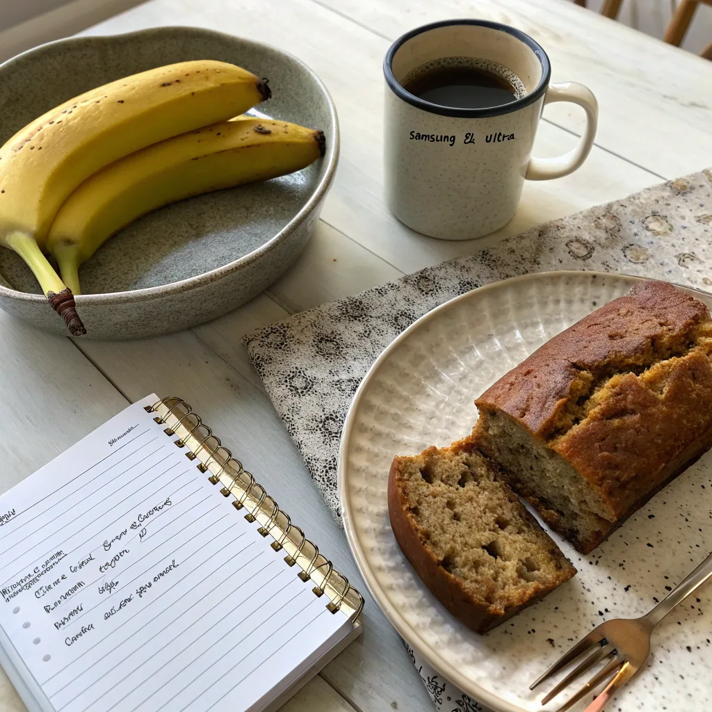 slice of banana bread with handwritten nutrition notes