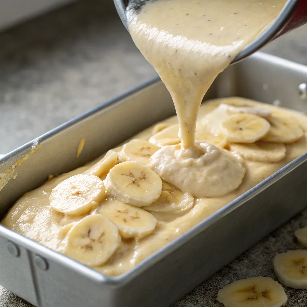 pouring healthy banana bread batter into loaf pan