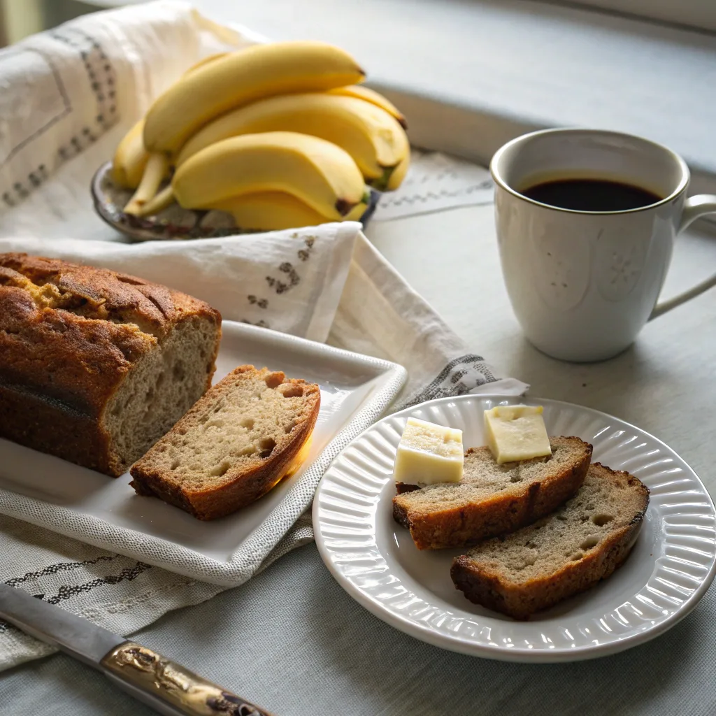 banana bread 2 bananas served with butter and coffee
