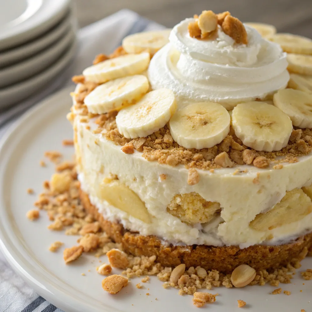topped banana pudding cake with wafers and cream	