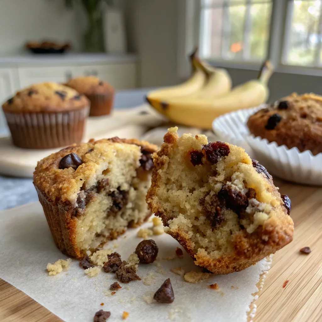 moist banana bread chocolate chip muffin with melty chocolate