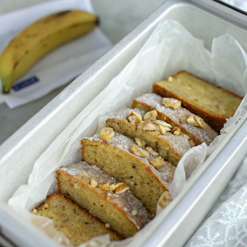 sliced healthy banana bread stored in freezer container