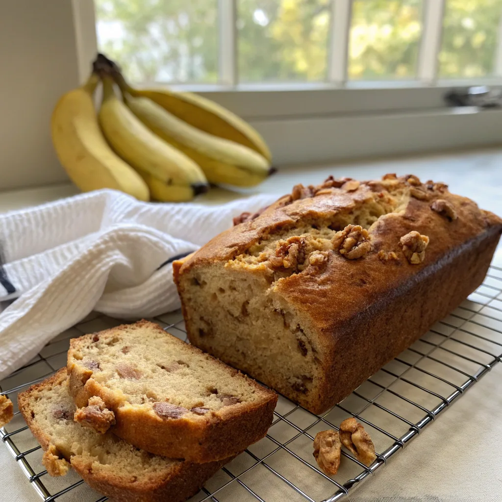 freshly baked healthy banana bread loaf sliced to reveal moist texture