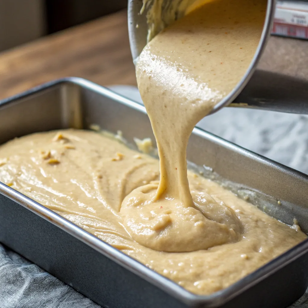 Pouring healthy yogurt banana bread batter into pan