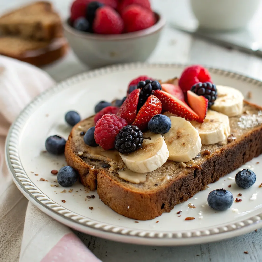 Slice of healthy yogurt banana bread with toppings