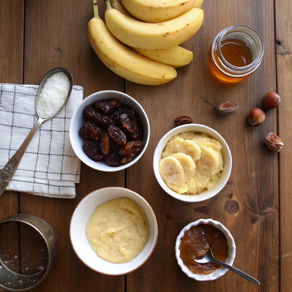 ingredients for no sugar added banana bread on wooden table