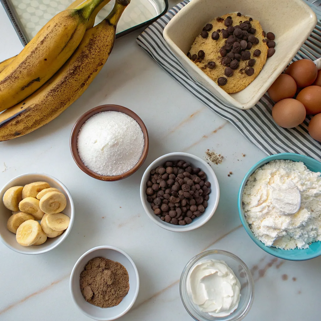 banana bread chocolate chip muffin ingredients on counter