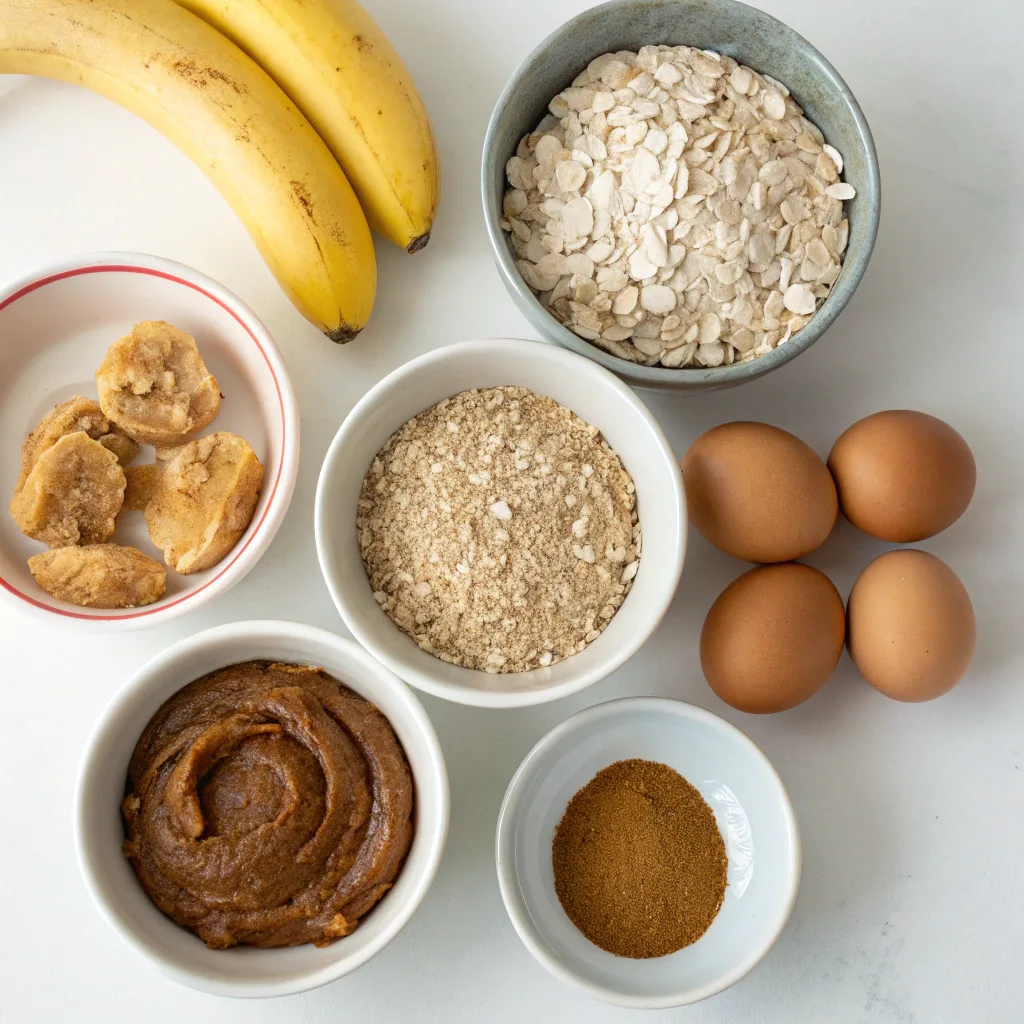 flourless banana bread ingredients laid out flat