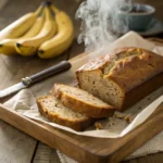 Freshly sliced banana bread recipe no eggs on wooden tray