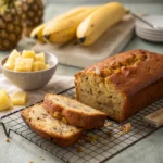 Sliced banana pineapple bread on rustic board with fruit